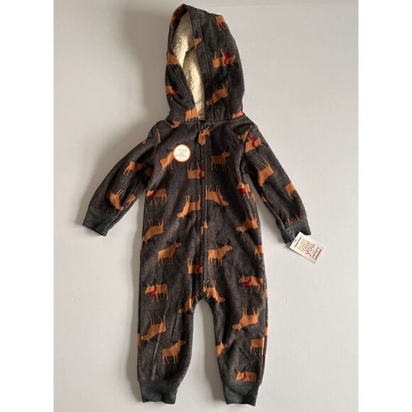 NWT Carter's Cozy Lining Hooded Open Foot Sleeper Grey w/ Tan Deer 12 Months - Picture 1 of 7